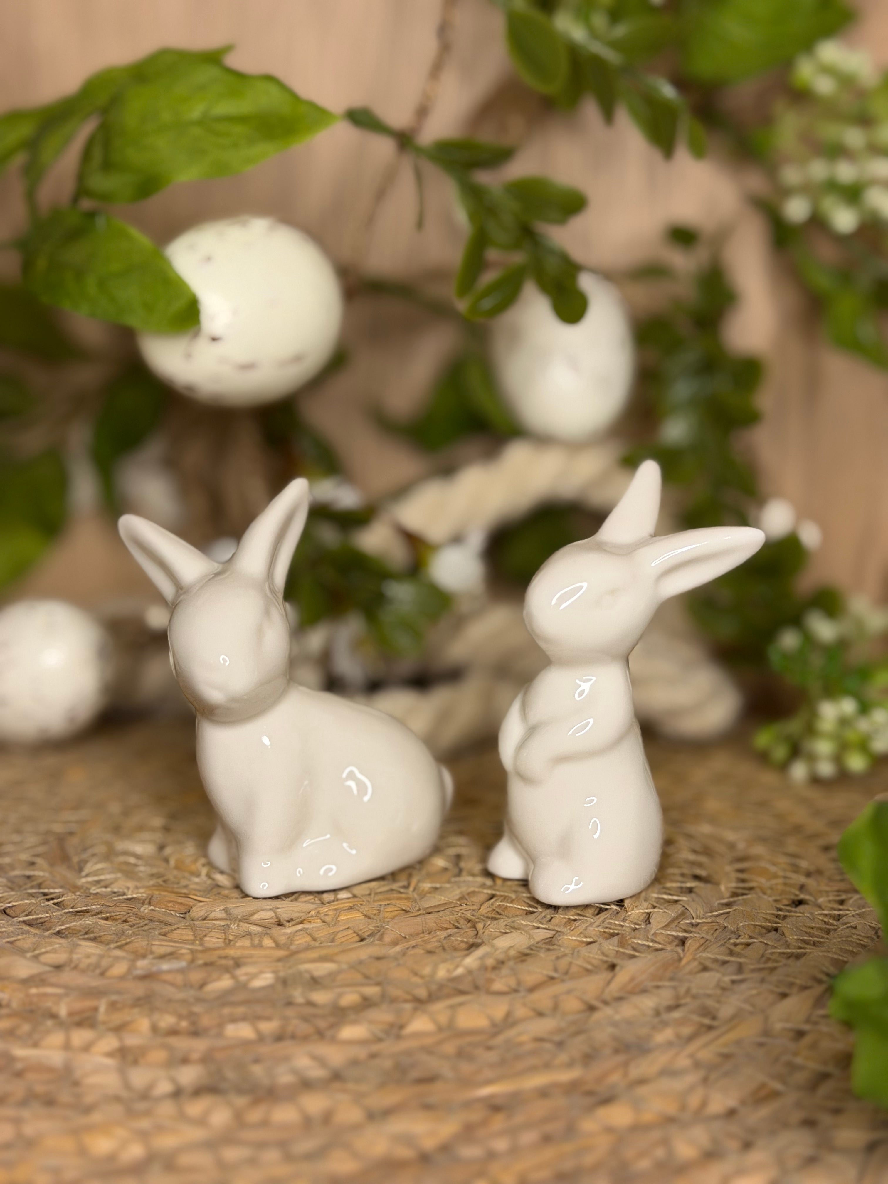 Lot de 2 petits lapins blancs en céramique