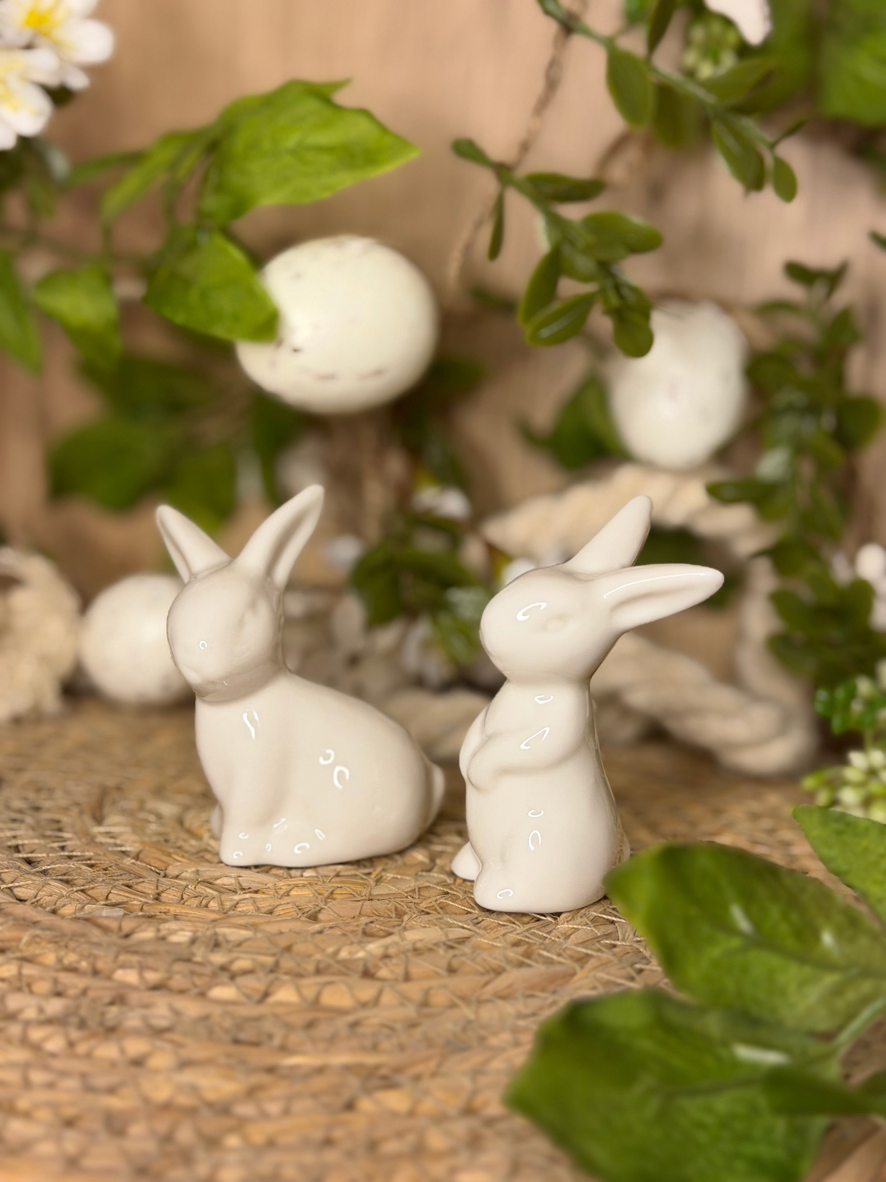 Lot de 2 petits lapins blancs en céramique