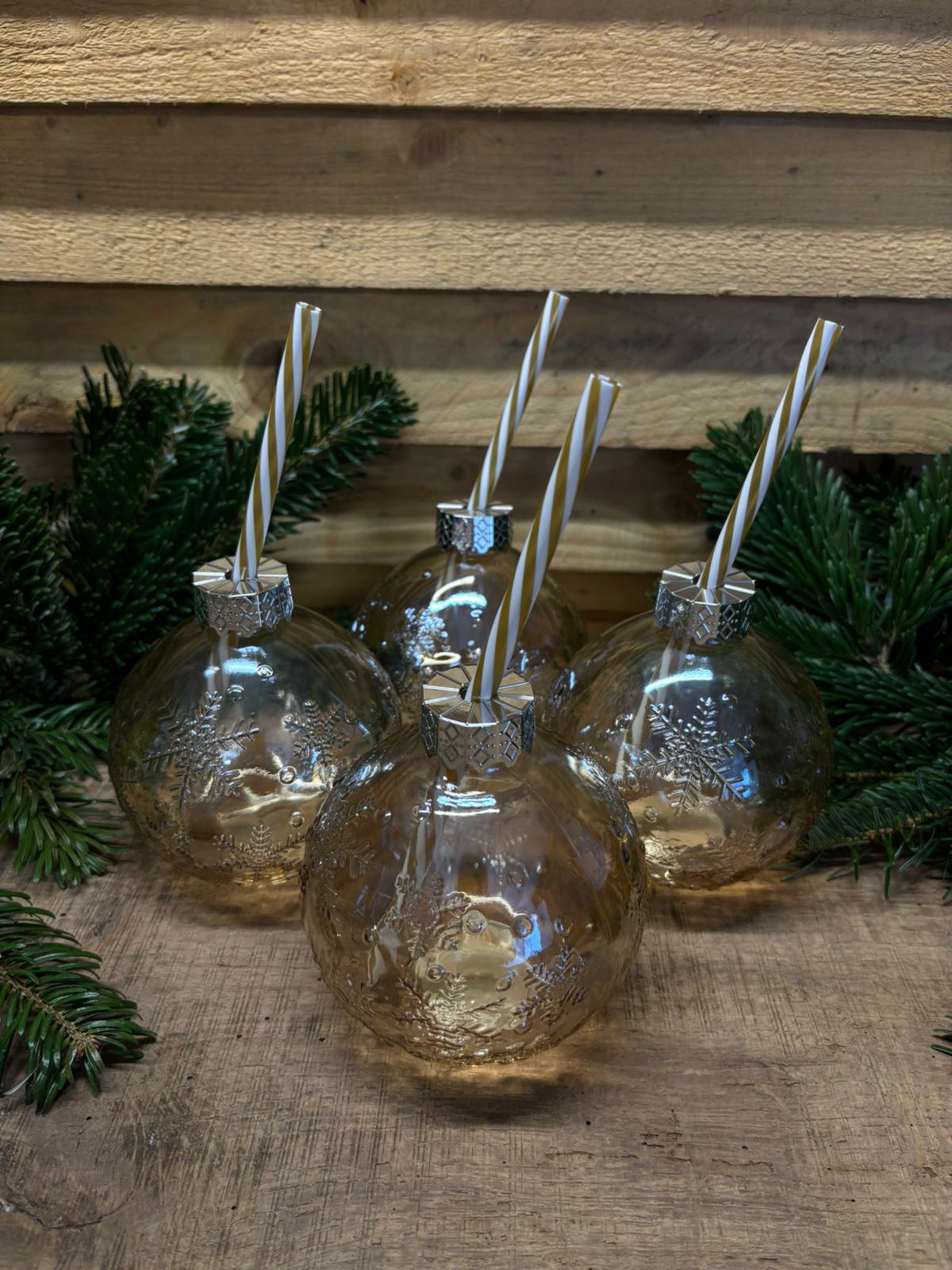 Lot de 4 Boules de Noël à cocktail avec pailles – couleur champagne (450 ml)