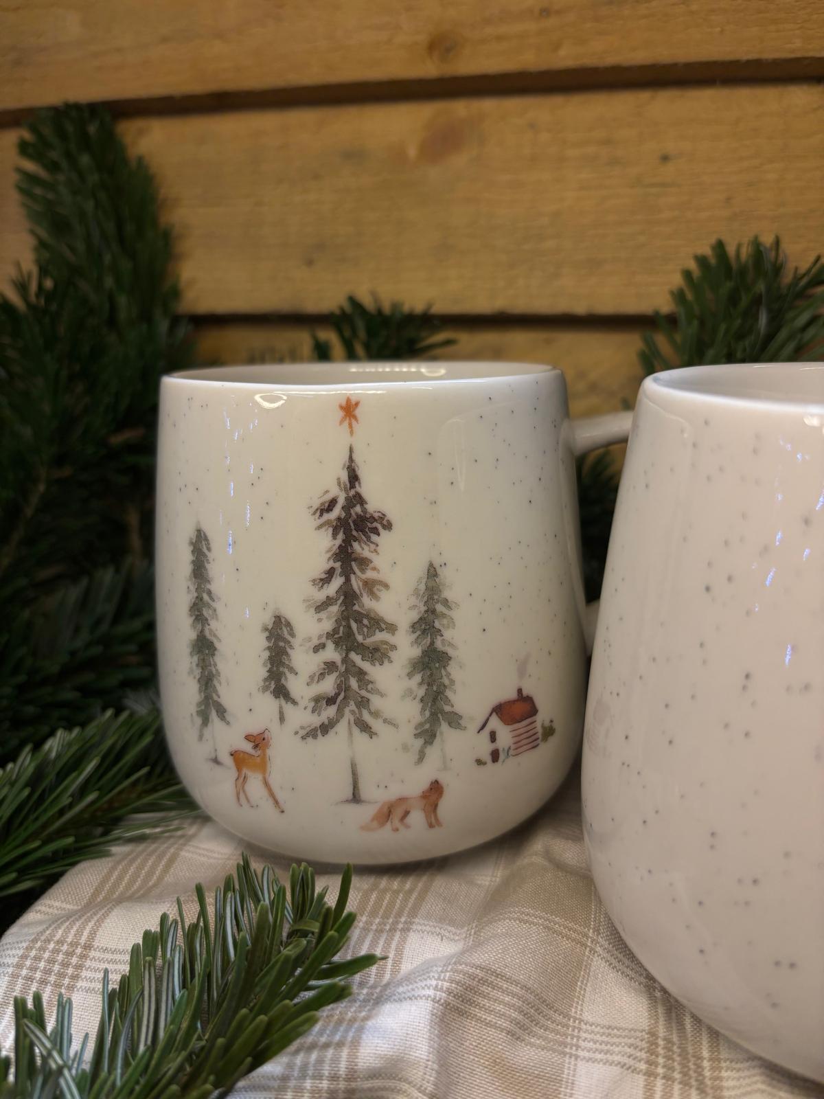 Lot de 2 mugs en céramique – Forêt d’hiver crème
