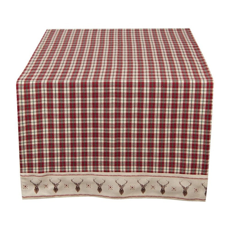 Chemin de table 50x140 cm Rouge Beige Coton motif tartan écossais et cerf